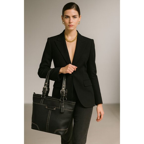 Coach Black Pebbled Leather Tote Bag Women’s Shoulder Bag Silver Hardware Buckle - Picture 16 of 16